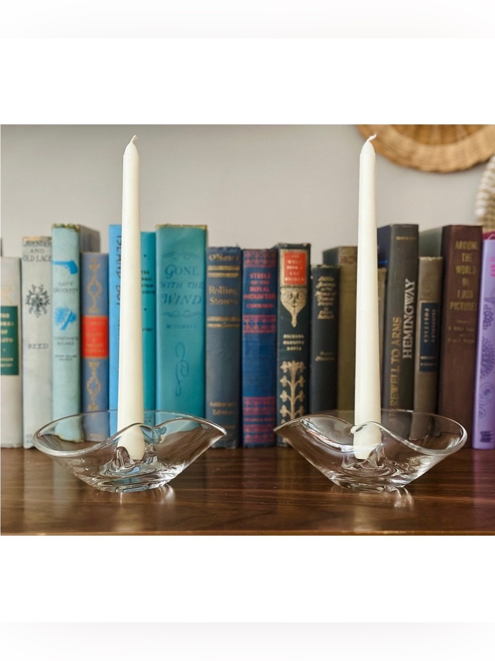 Vintage set of clear wave glass candle holders and bowl